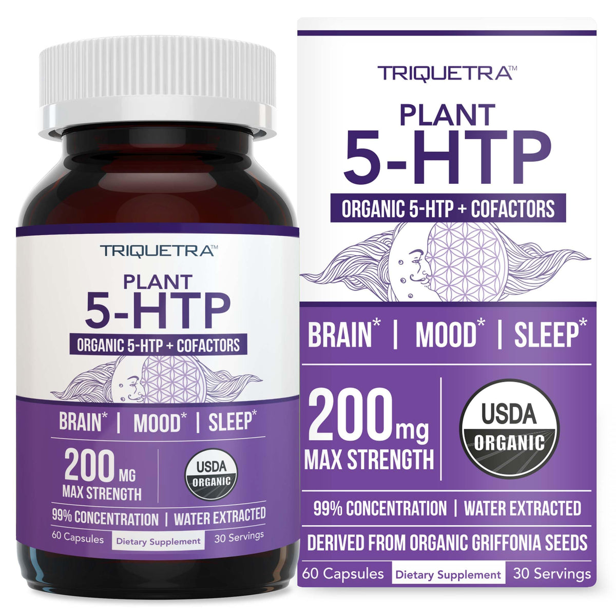 Front view of Organic 5-HTP 200 mg bottle