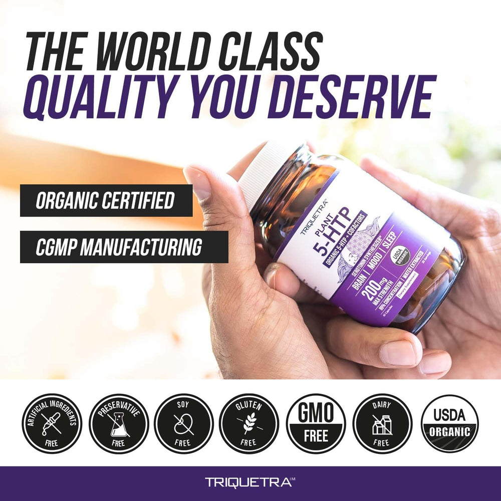 Lifestyle image of Organic 5-HTP bottle on a shelf