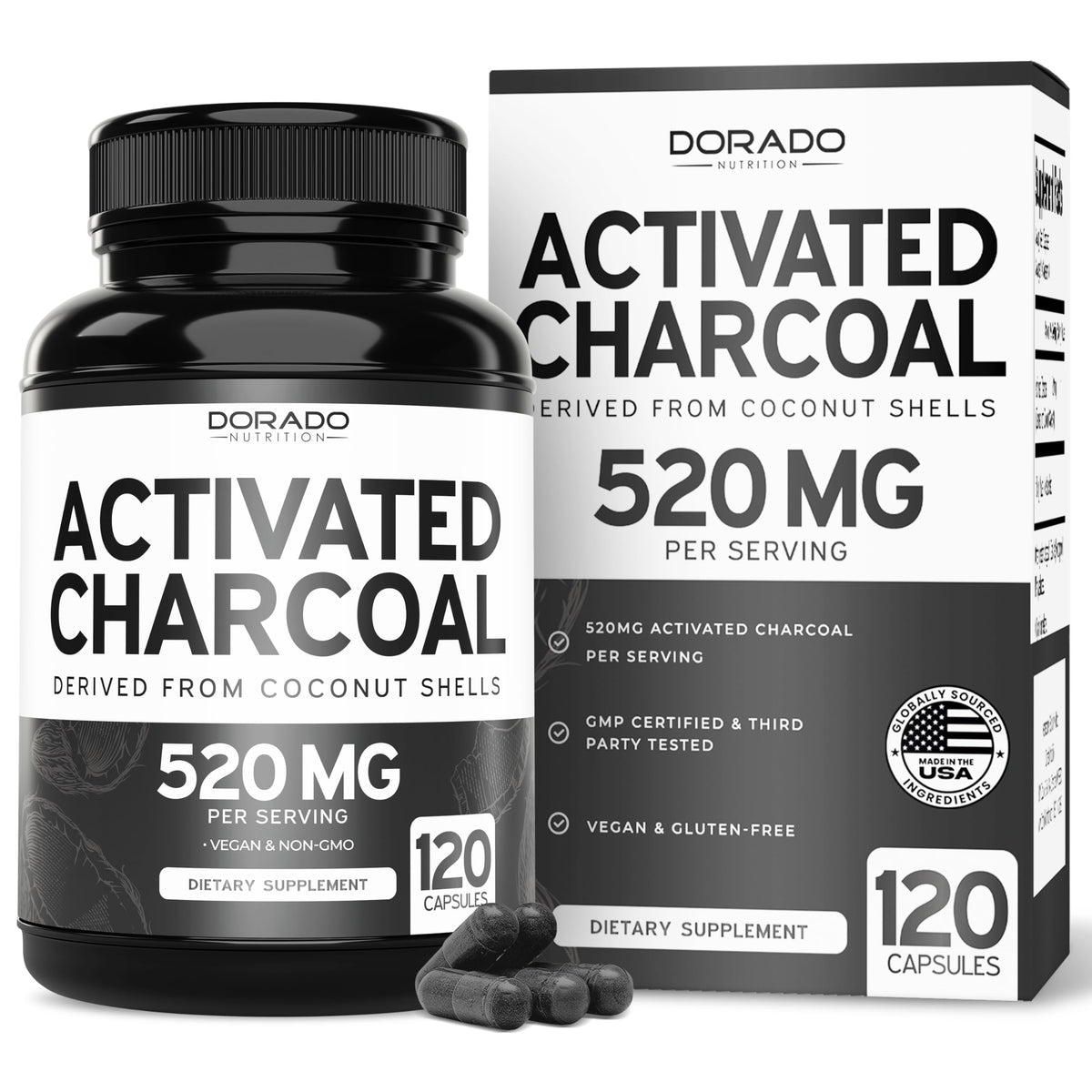 Bottle of Organic Activated Charcoal Pills (120 Capsules) with 520mg per serving