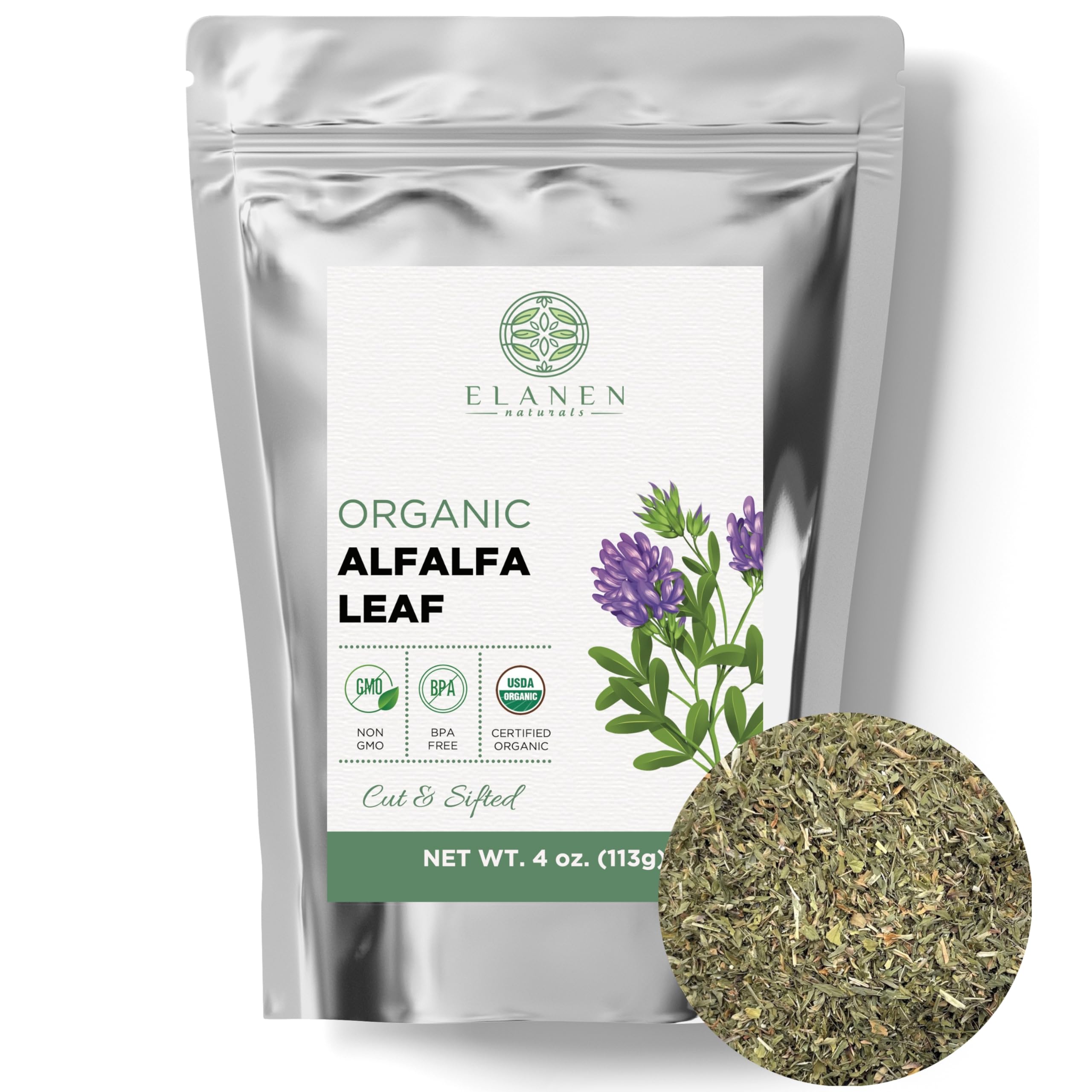 Front packaging of Organic Alfalfa Leaf Tea in a resealable pouch