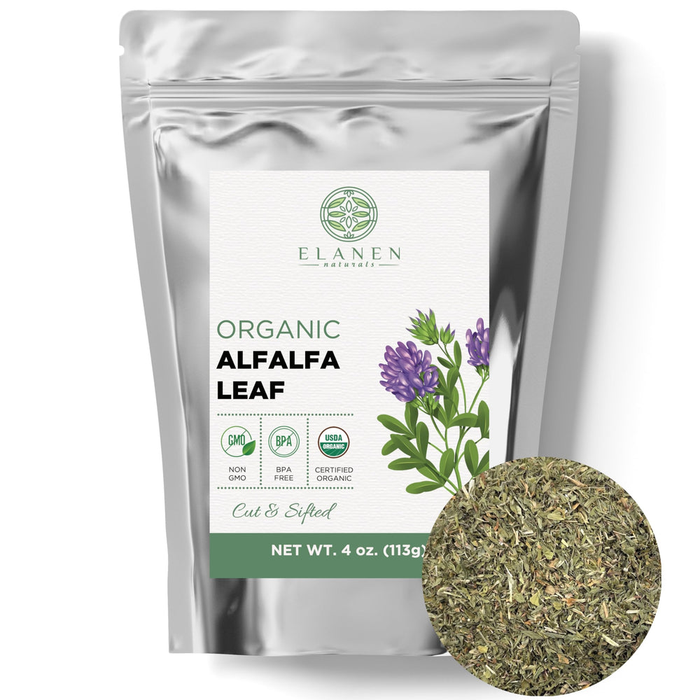 Front packaging of Organic Alfalfa Leaf Tea in a resealable pouch