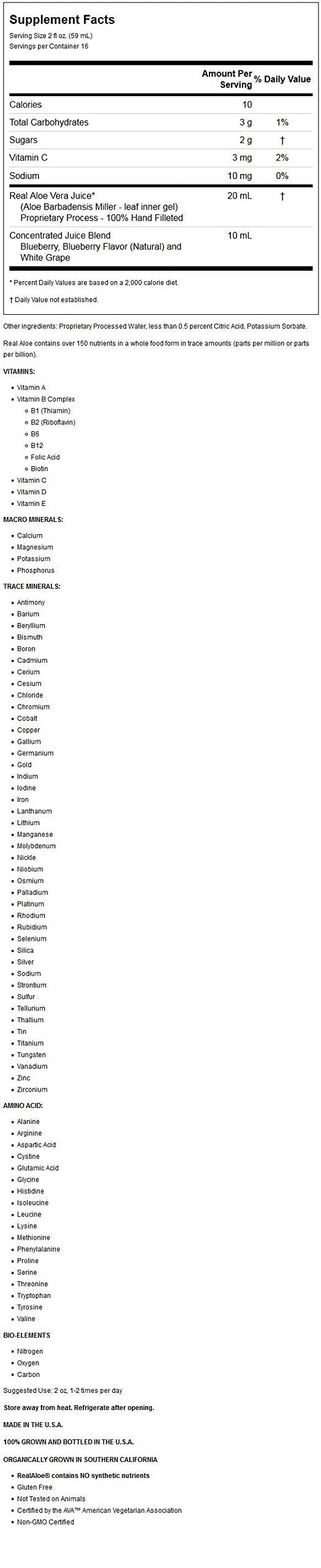 BlueAloe juice label showing Real Aloe branding and 'Made with Real Blueberry'