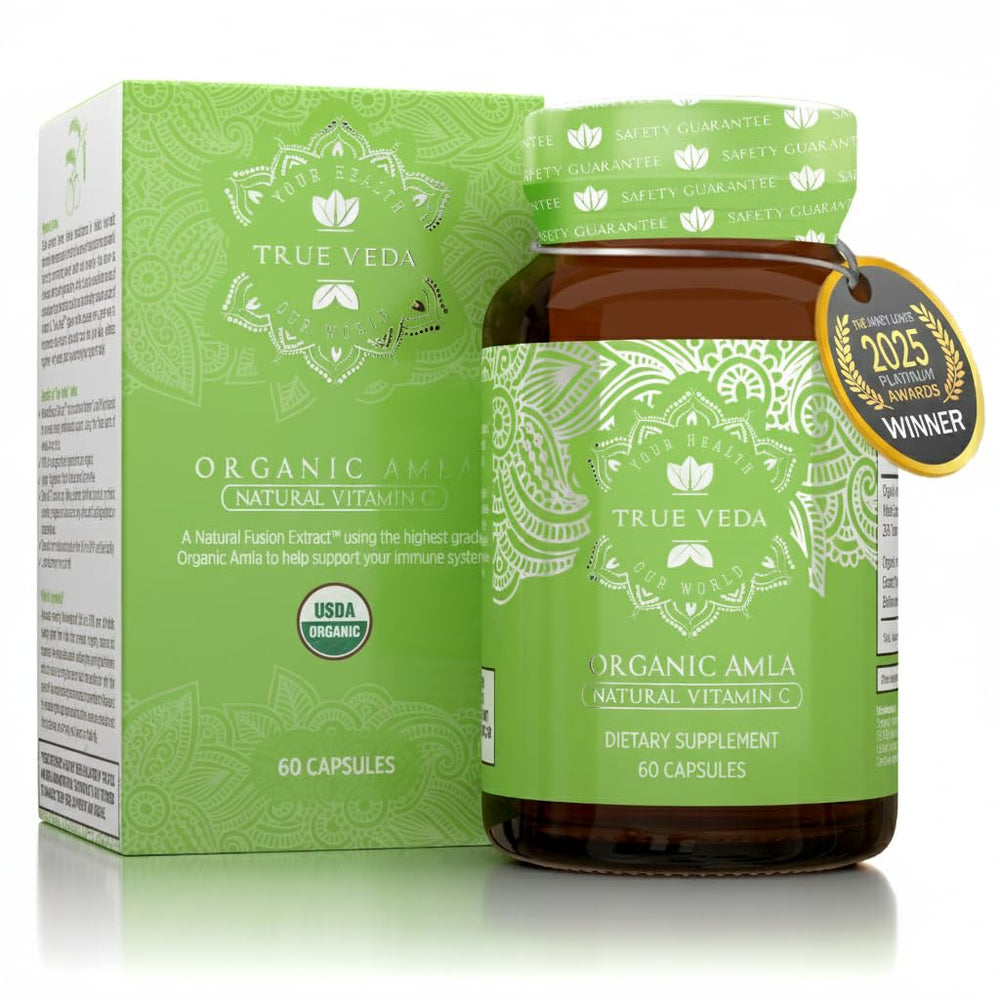 Bottle of Organic Amla Capsules showing vegan Vitamin C from Amalaki (Amla) fruit