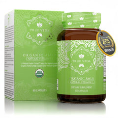 Bottle of Organic Amla Capsules showing vegan Vitamin C from Amalaki (Amla) fruit