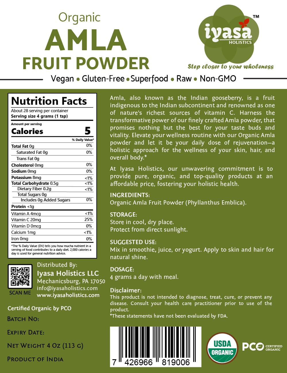 Back panel of Iyasa Organic Amla Powder trial pack