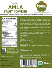 Back panel of Iyasa Organic Amla Powder trial pack