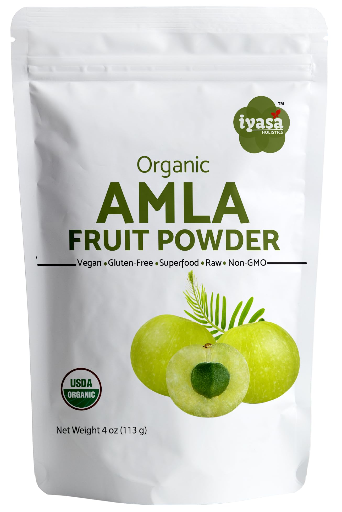 Front view of Iyasa Organic Amla Powder 4 oz trial pack