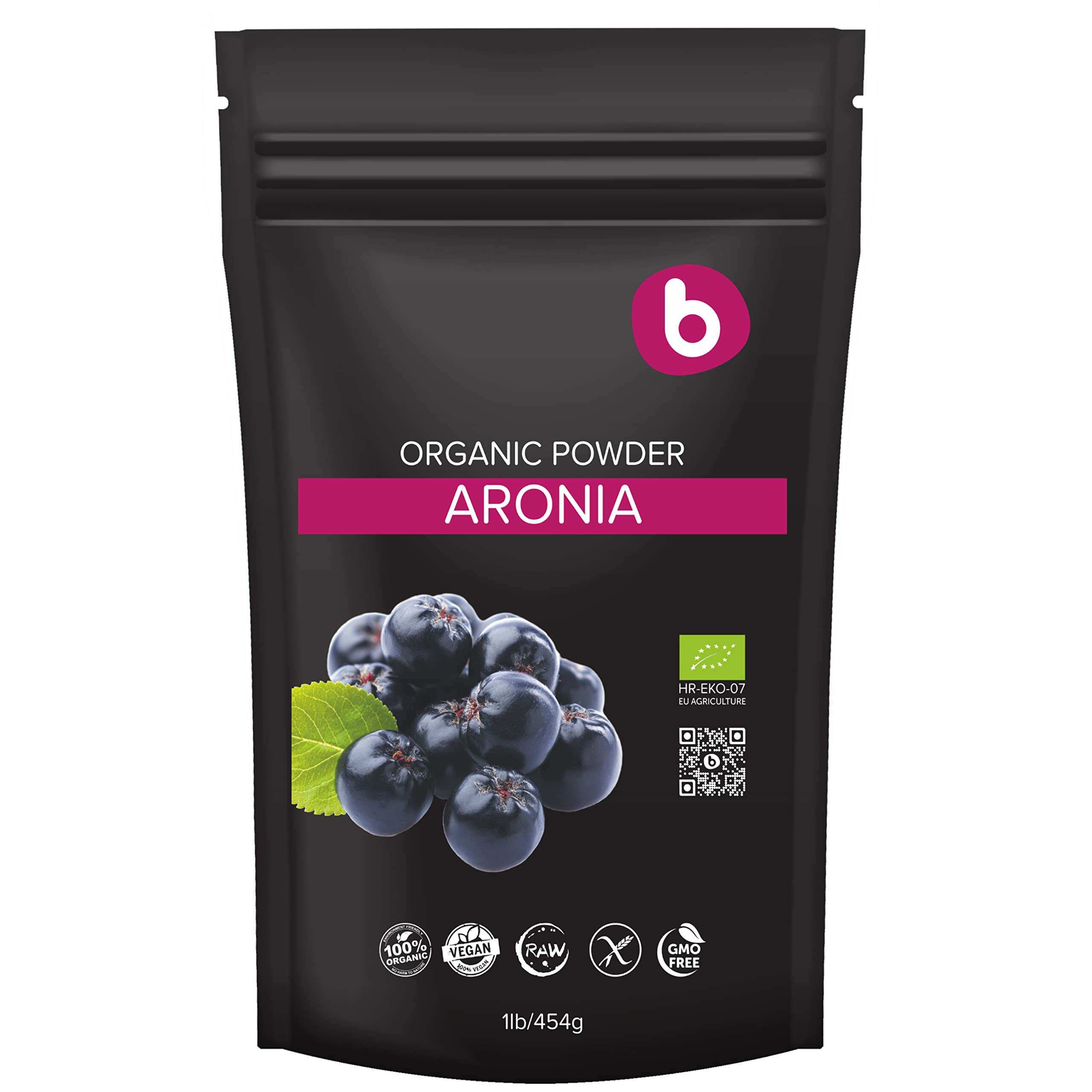 Front view of Organic Aronia Berry Powder 1lb packaging