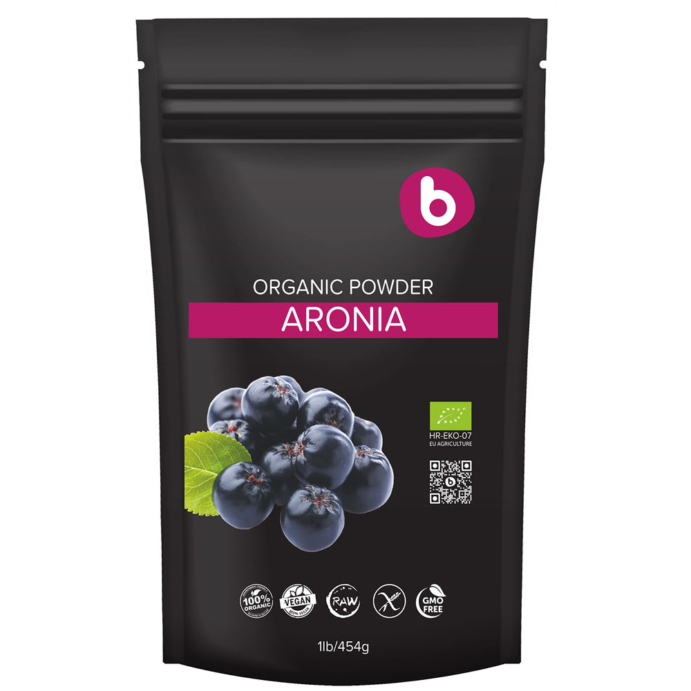 Front view of Organic Aronia Berry Powder 1lb packaging