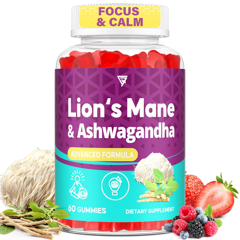 Bottle of Organic Ashwagandha & Lion's Mane Gummies Berry flavor, 60 count, front view