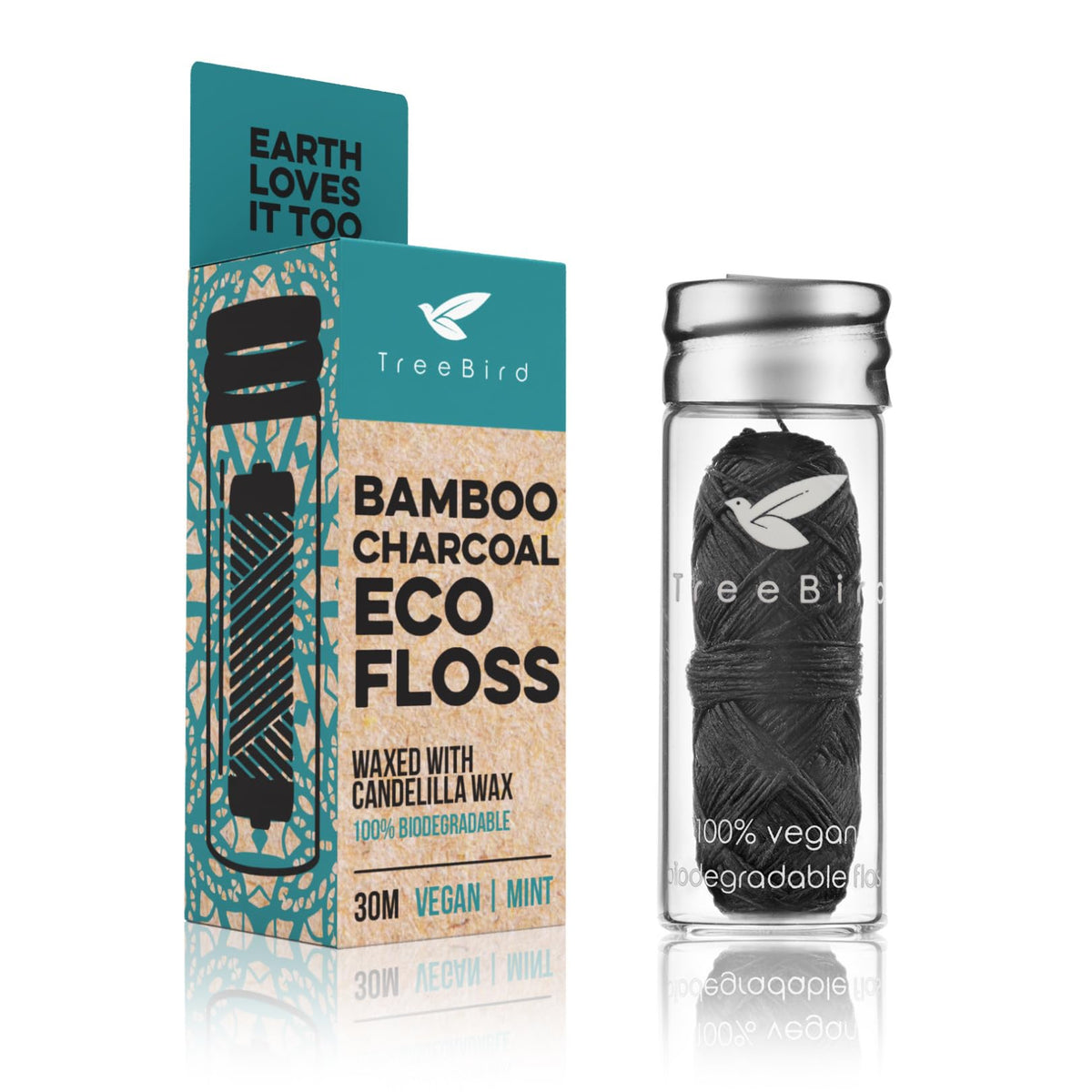 Organic bamboo charcoal dental floss with mint flavor in a refillable glass holder