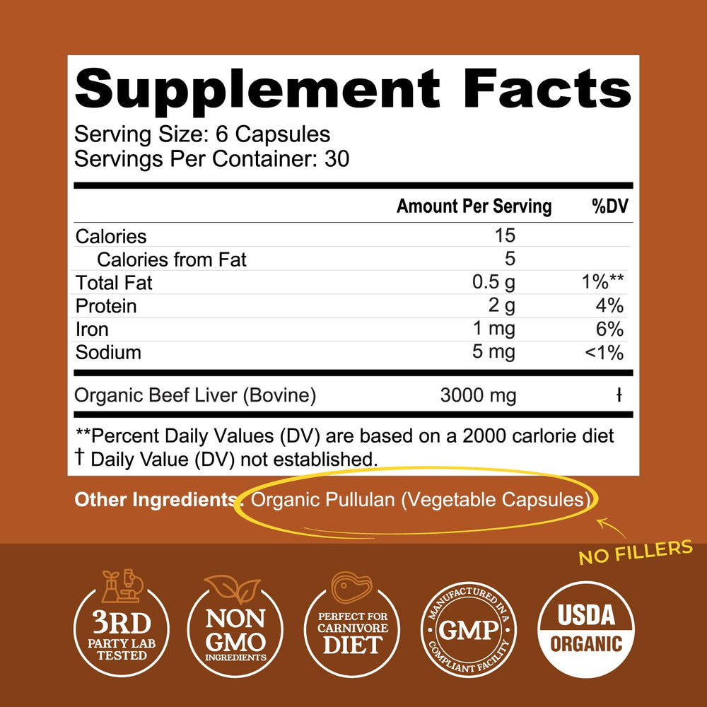 Close-up of Organic Beef Liver Capsules bottle label