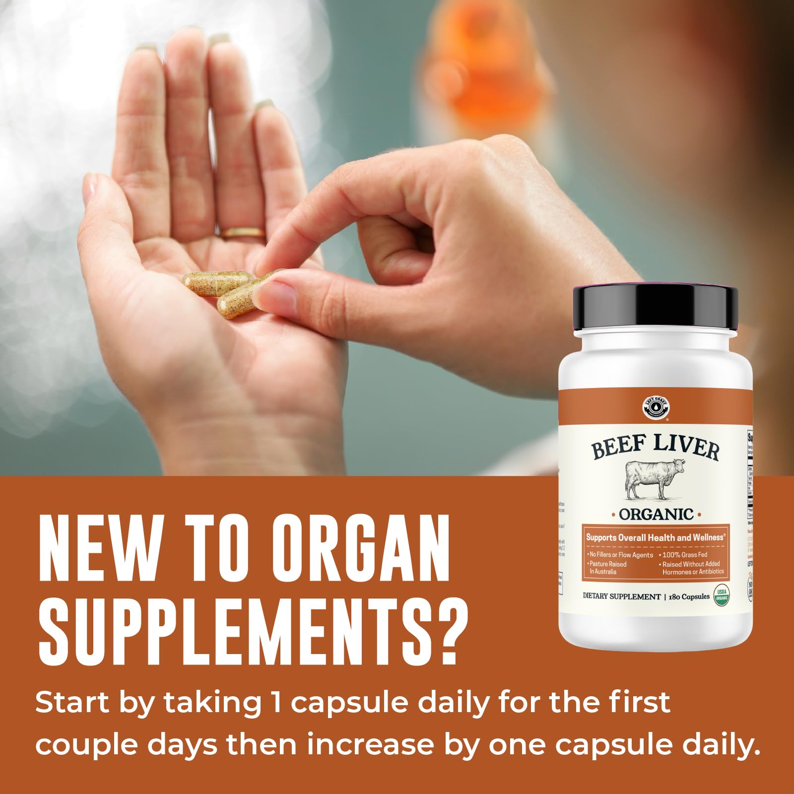 Front view of Organic Beef Liver Capsules bottle with label