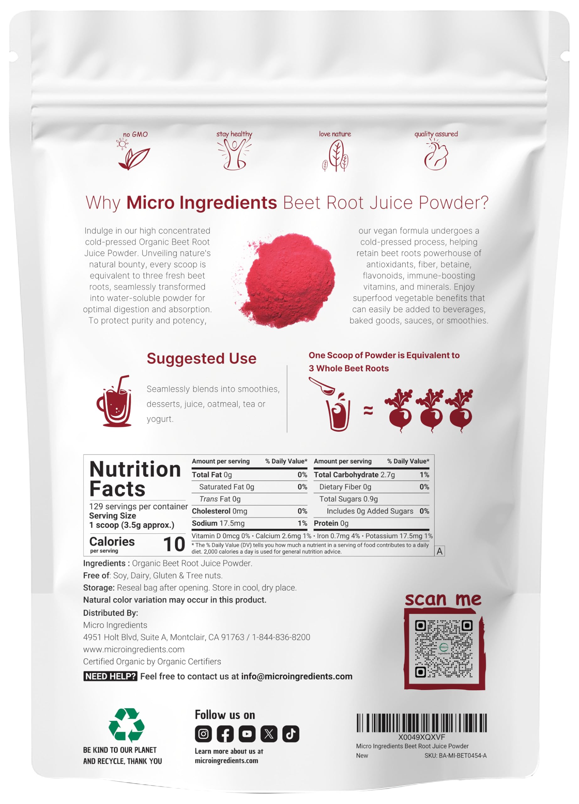 Rear label showing ingredients and non-GMO claim on Organic Beet Root Powder 1 lb