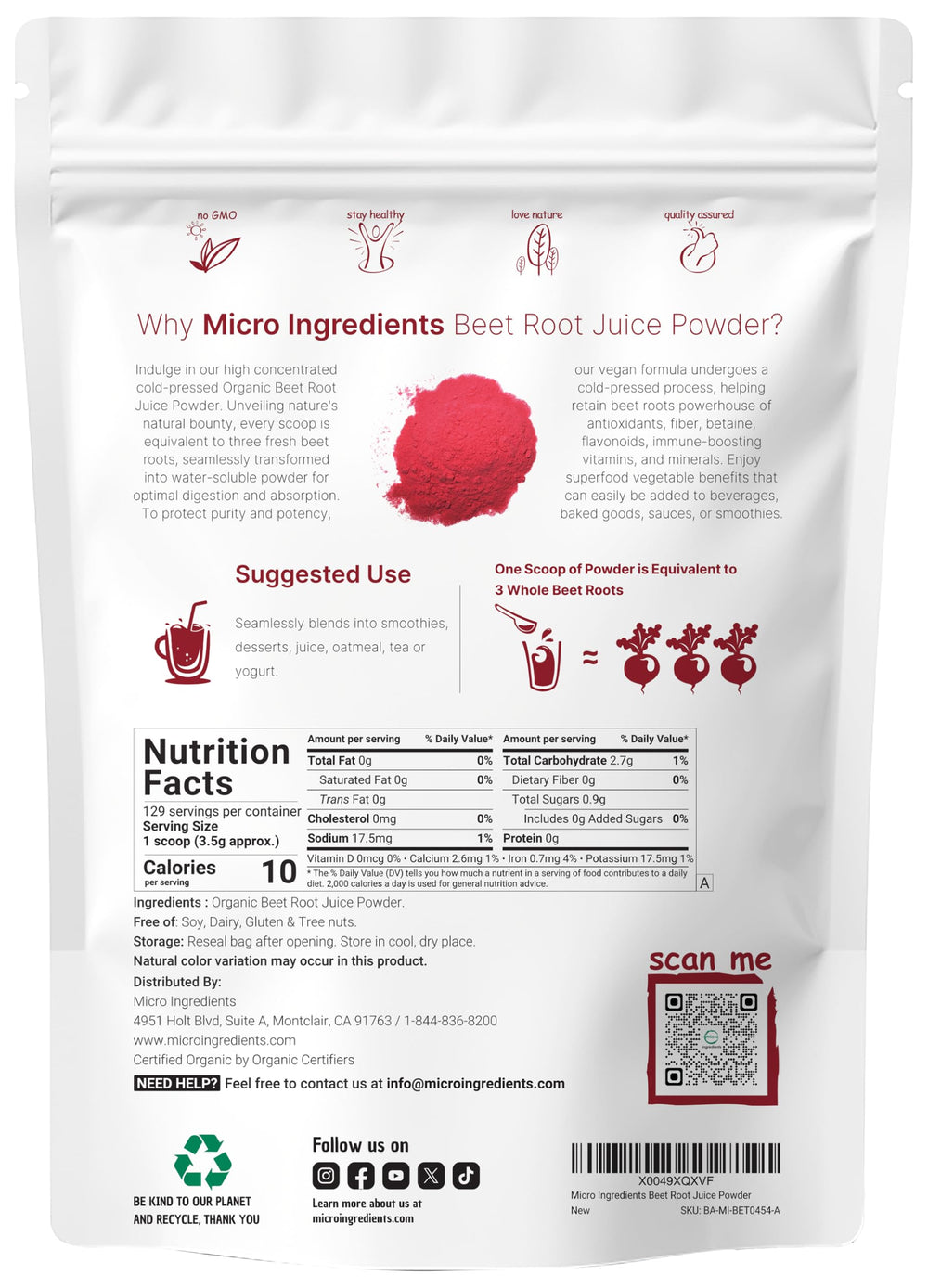 Rear label showing ingredients and non-GMO claim on Organic Beet Root Powder 1 lb