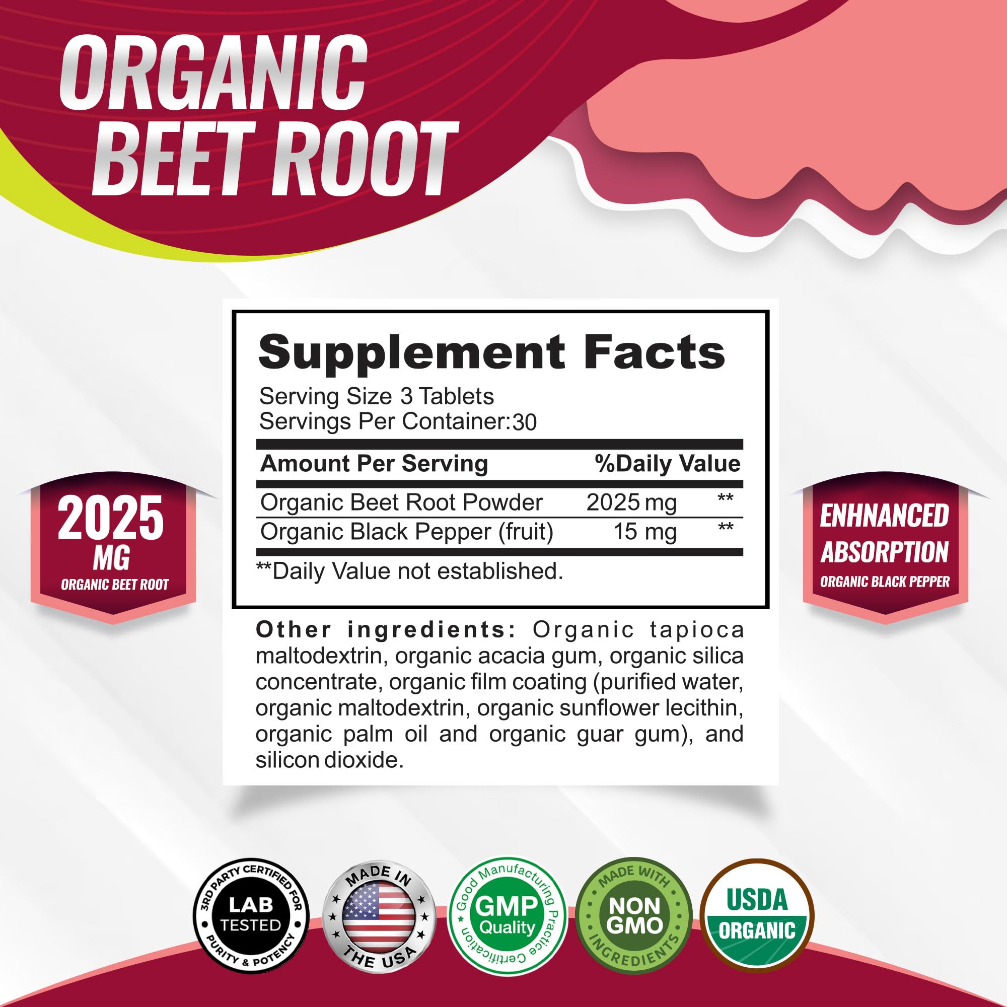 Back label with supplement facts for Organic Beet Root Powder Tablets