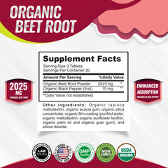 Back label with supplement facts for Organic Beet Root Powder Tablets