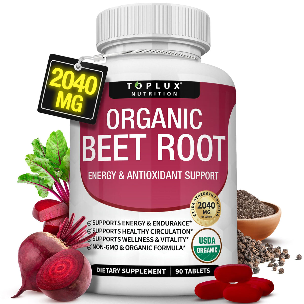 Front view of Organic Beet Root Powder Tablets bottle