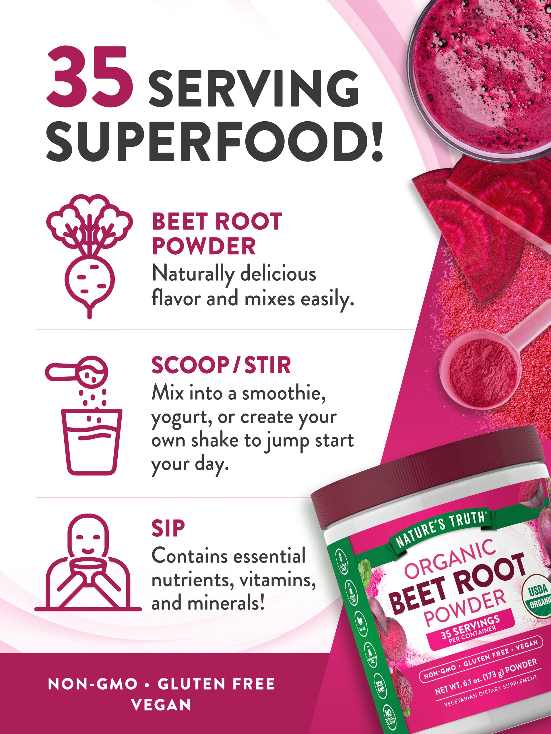 Organic beet root powder indicating vegan, non-GMO and gluten-free
