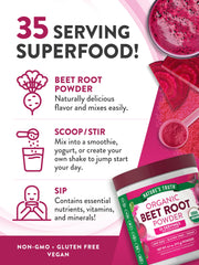 Organic beet root powder indicating vegan, non-GMO and gluten-free