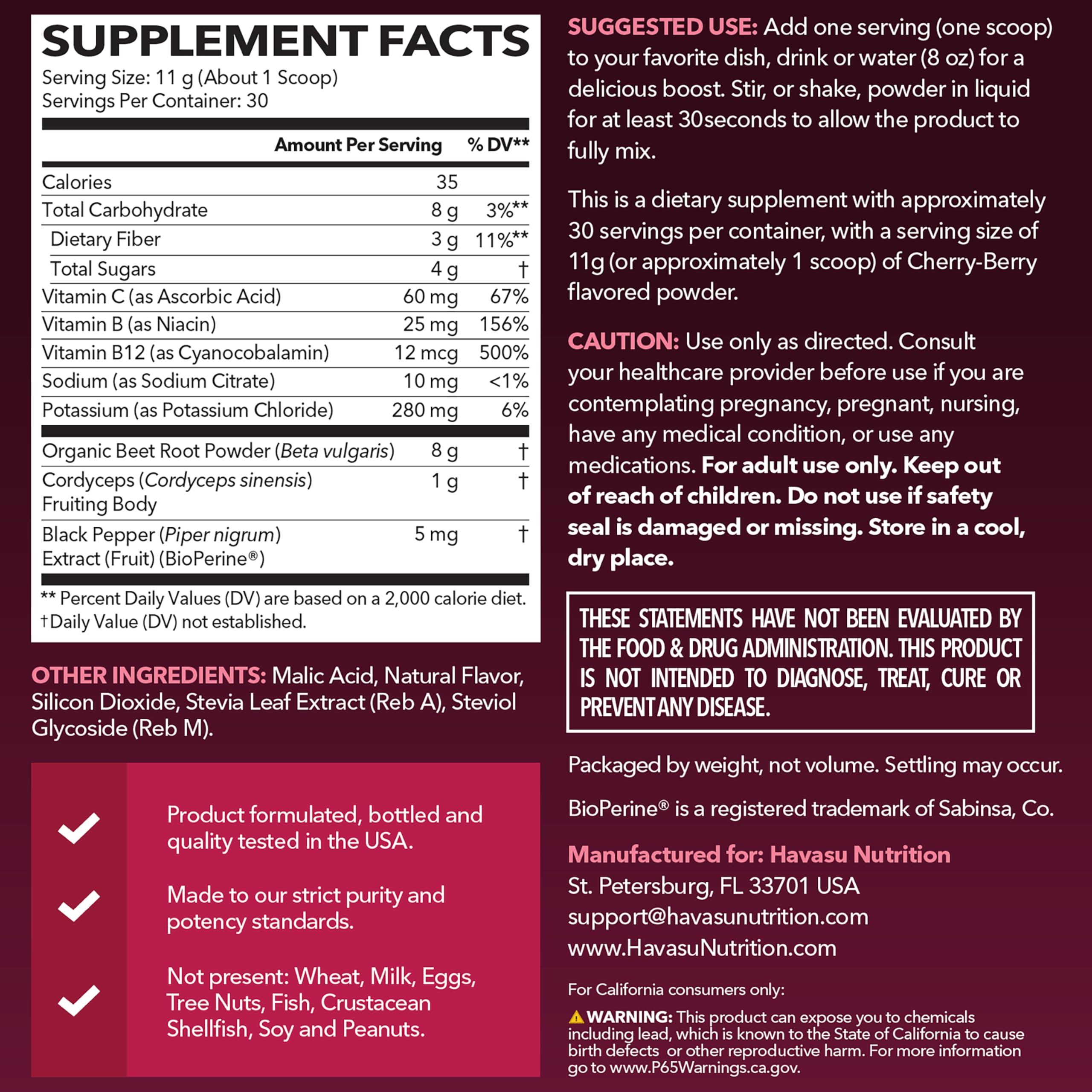 Back label of beet root powder bottle showing ingredients and nutrition