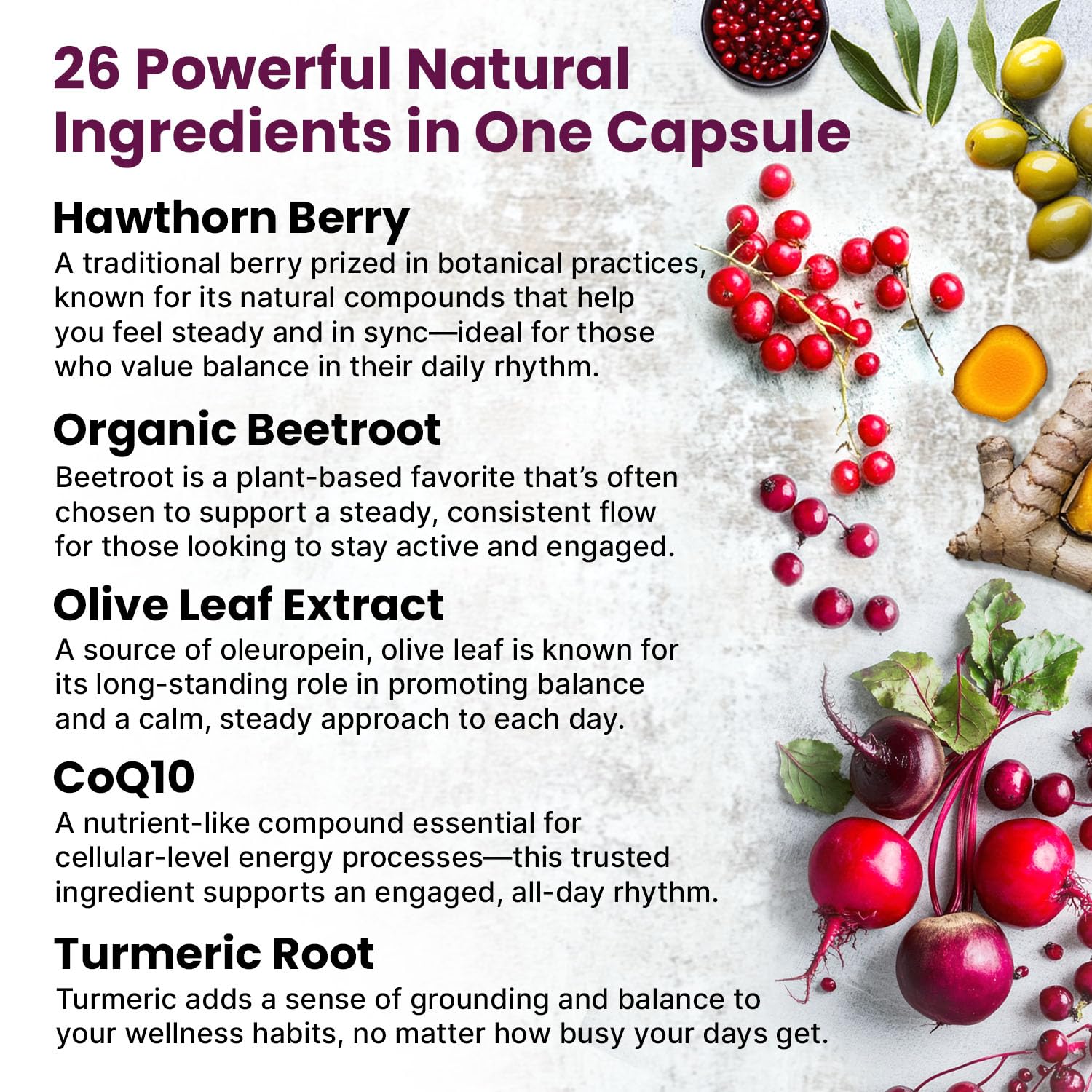 Beet root and turmeric imagery on supplement packaging