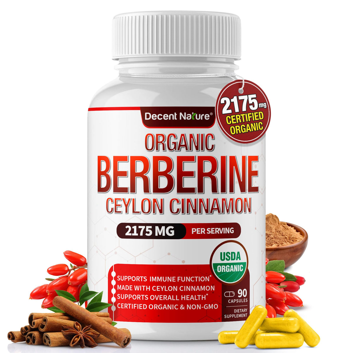 Organic Berberine with Ceylon Cinnamon bottle label showing 2175 mg per serving