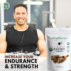 Front view of Organic Black Maca Powder packaging showing USDA Organic badge
