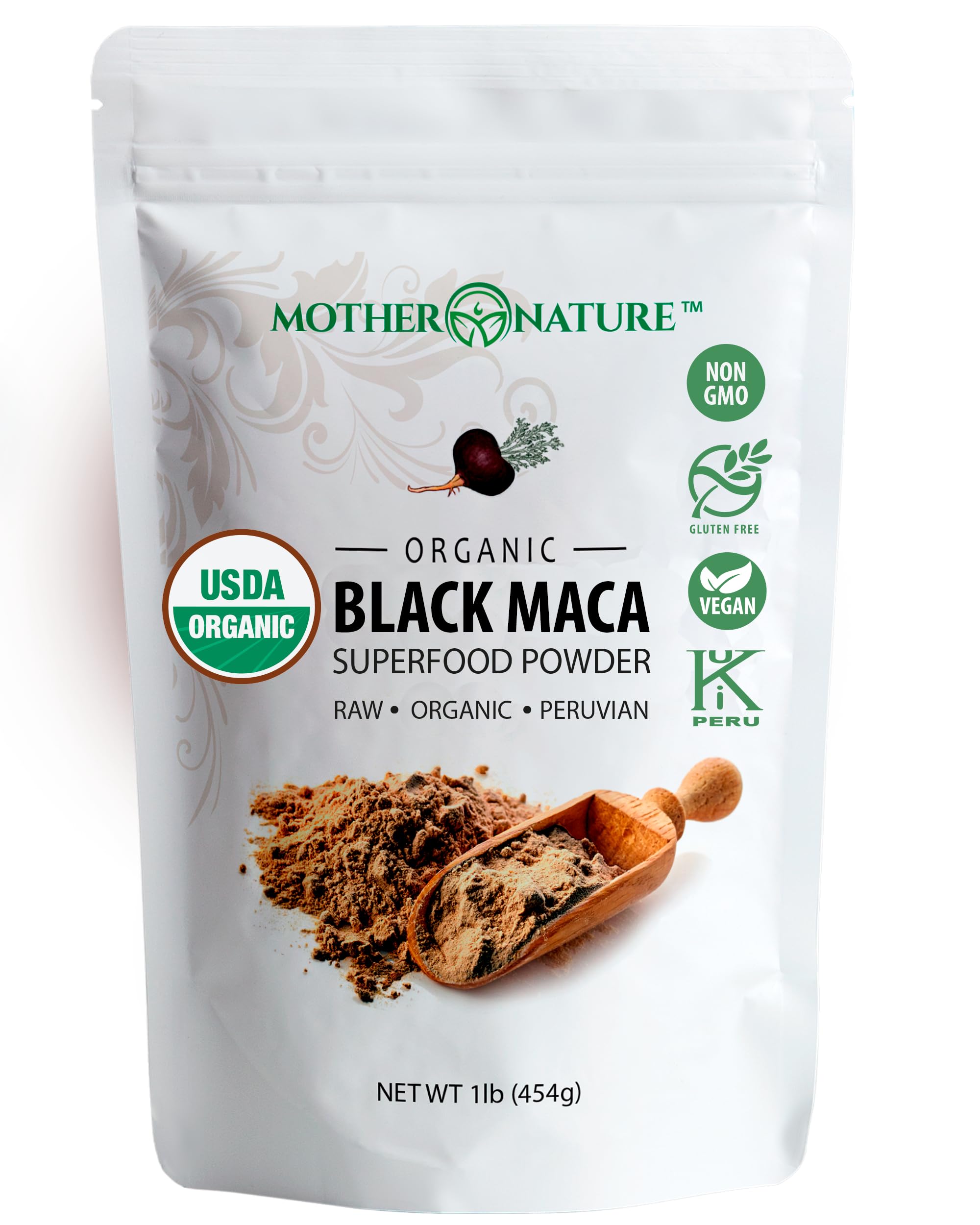 Organic Black Maca Root Powder bag with 16 oz label
