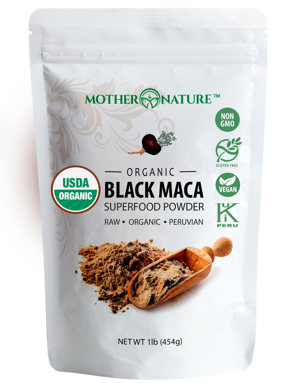 Organic Black Maca Root Powder bag with 16 oz label