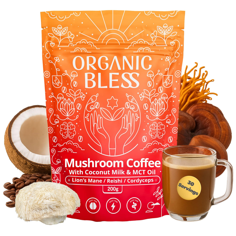 Organic Bless Mushroom Coffee Powder – Lion’s Mane, Reishi & Cordyceps blend in a resealable pouch