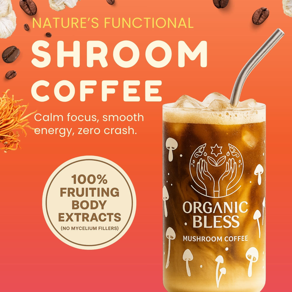 Product packaging: Organic Bless instant mushroom coffee powder