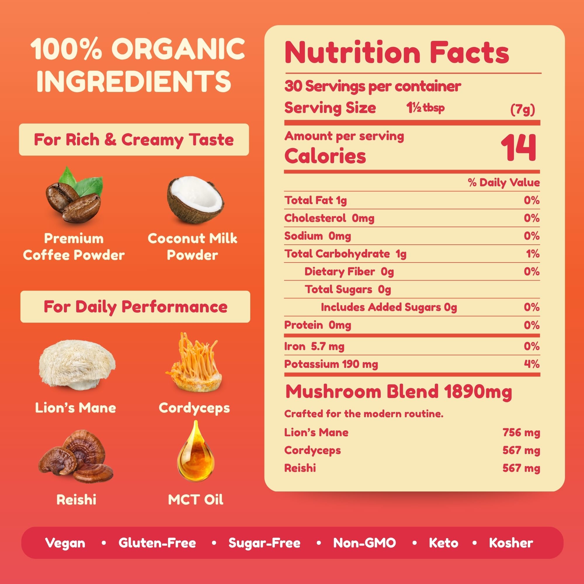 Certified vegan, keto, non-GMO, kosher and halal seal on Organic Bless label