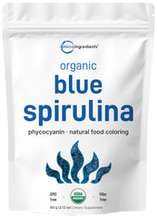 Organic Blue Spirulina Powder in a pouch showing 60 servings