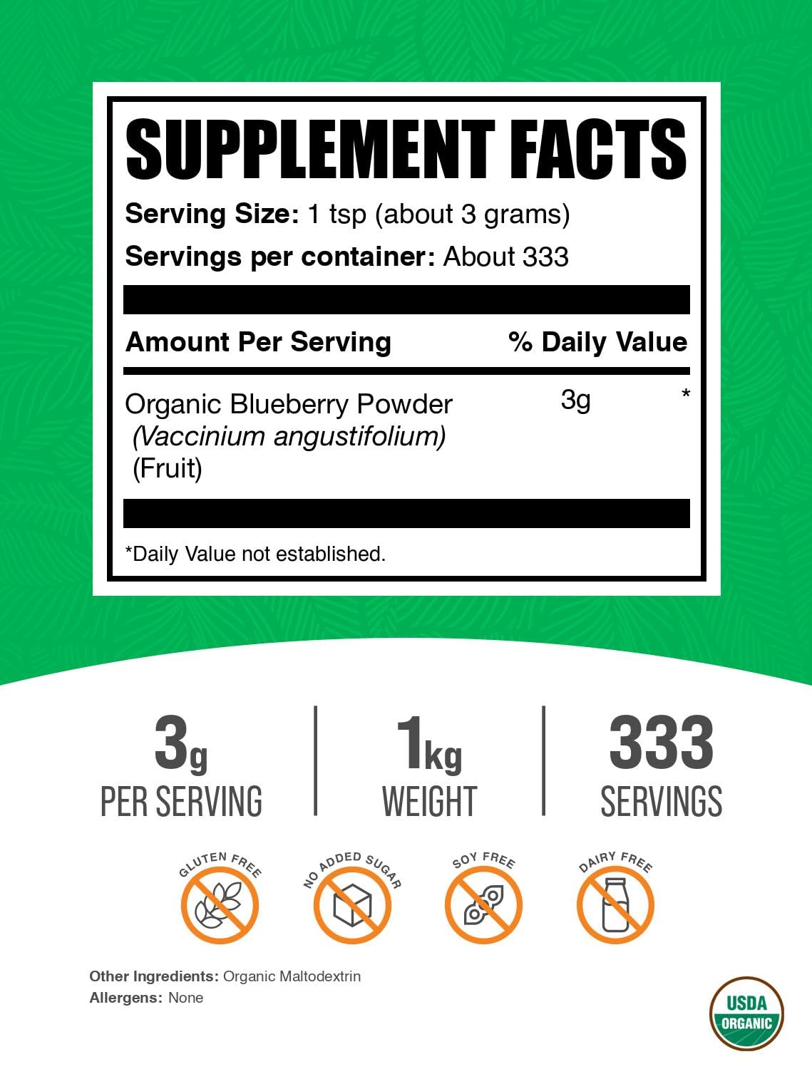 Organic Blueberry Powder ingredients and purity