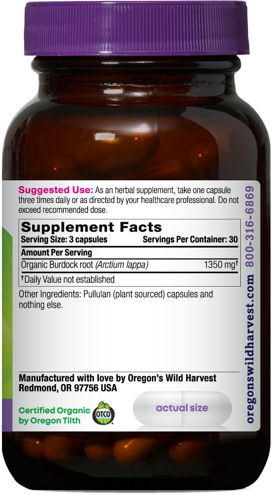 Organic Burdock root capsules in bottle