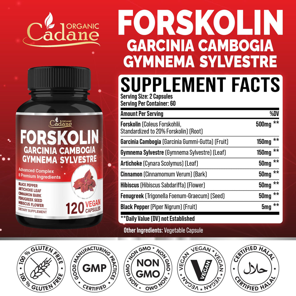 Organic Cadane Forskolin bottle closeup – precise capsules ready for daily balance.
