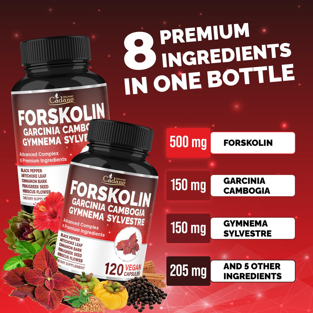 Organic Cadane Forskolin packaging – vegan, gluten-free, non-GMO quality.