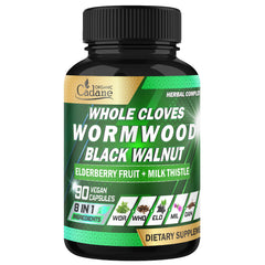 Bottle of Organic Cadane Wormwood, Cloves, and Black Walnut capsules – front view