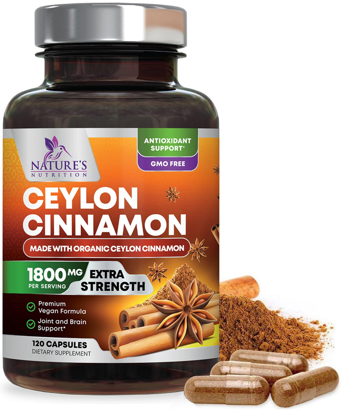 Front view of Organic Ceylon Cinnamon 1800mg bottle with 120 capsules