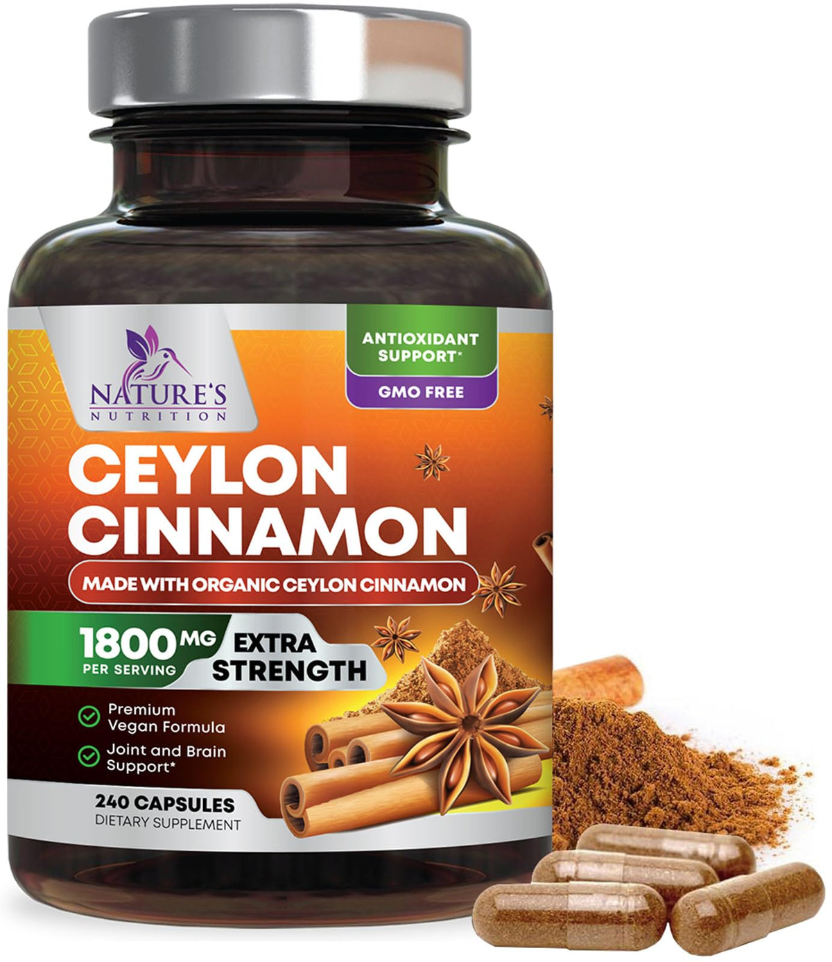 Bottle of Organic Ceylon Cinnamon Supplement 1800mg 240 capsules on shelf