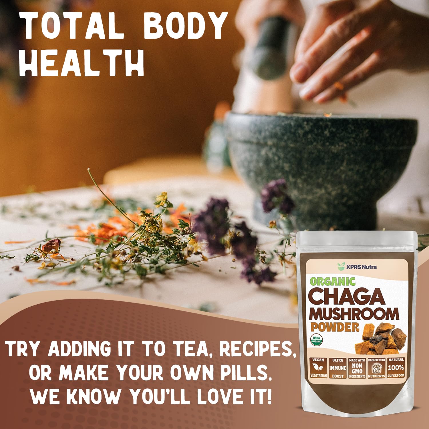 Chaga powder scoop with organic chaga powder