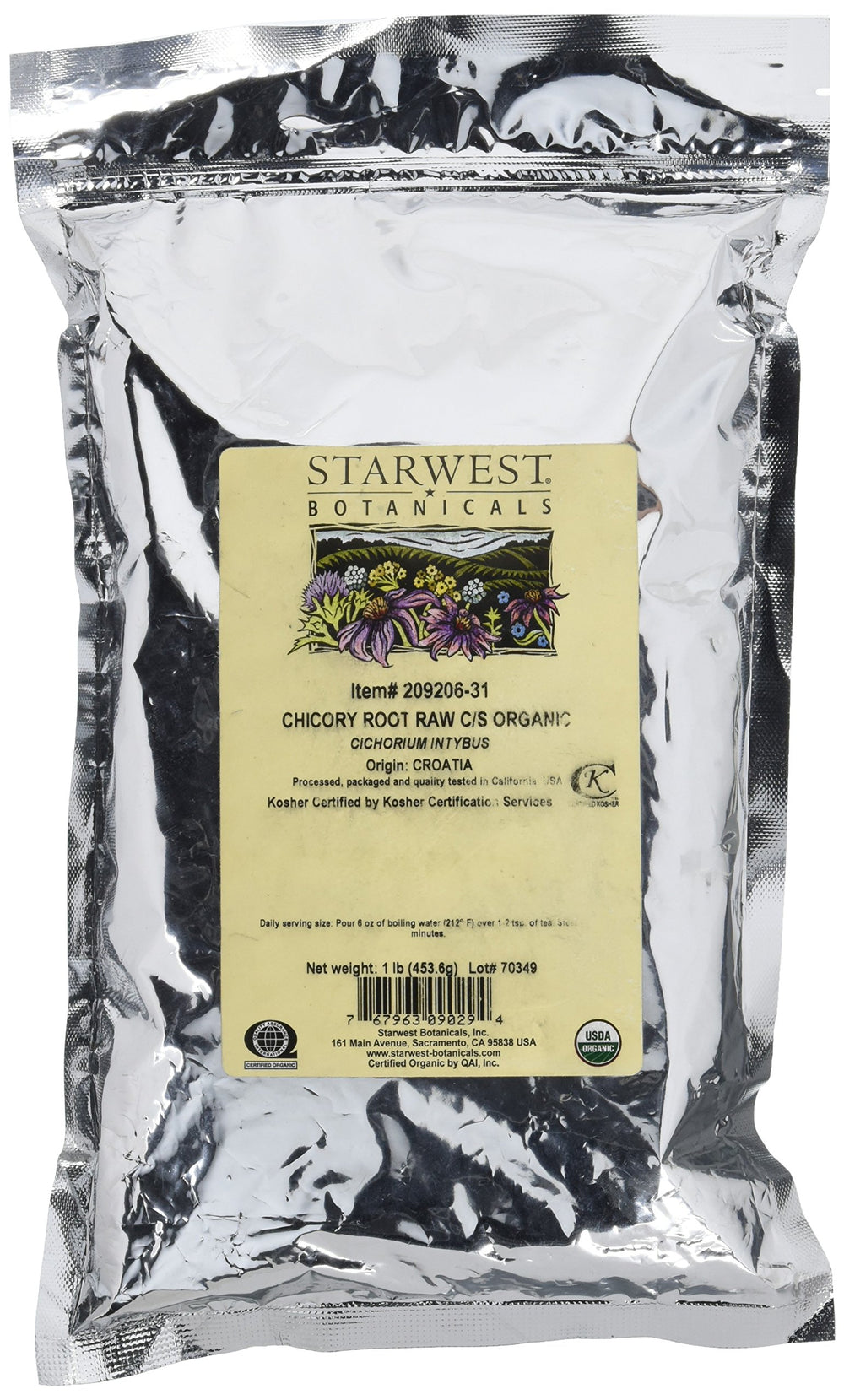 Organic Chicory Root Raw C/S - 1 lb in resealable polyfoil bag (Chicorium intybus)