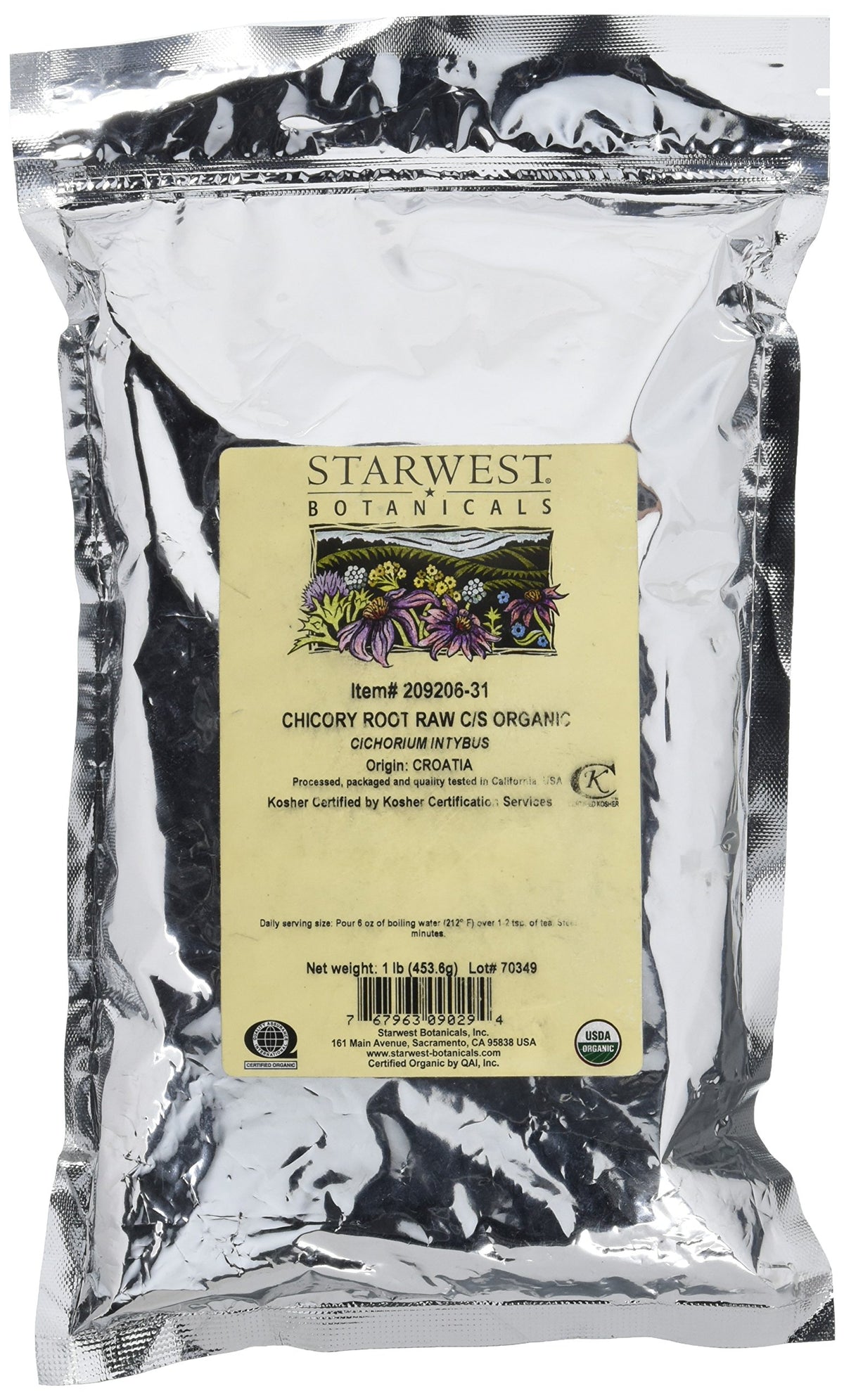 Organic Chicory Root Raw C/S - 1 lb in resealable polyfoil bag (Chicorium intybus)