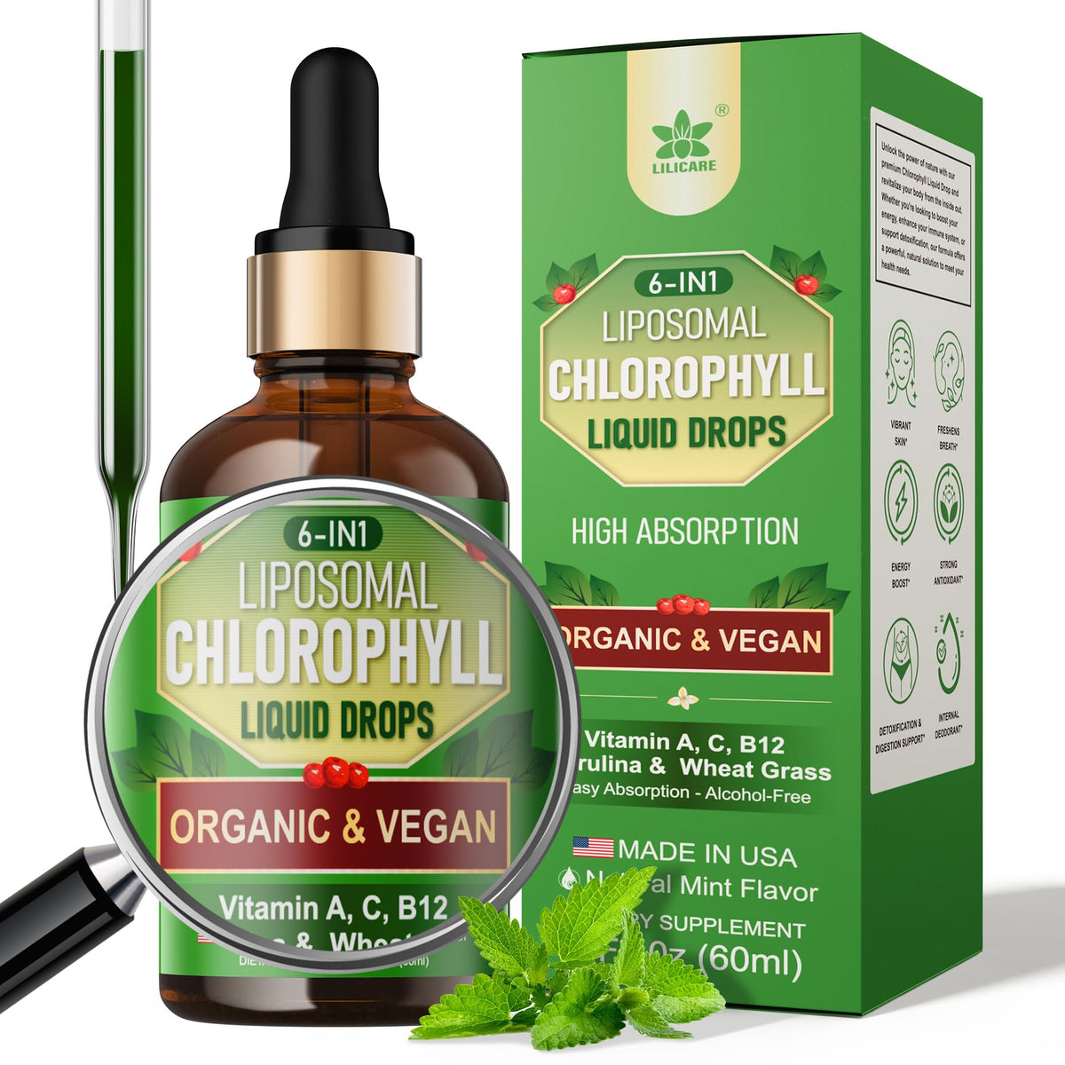 Organic chlorophyll liposomal drops 2 oz bottle