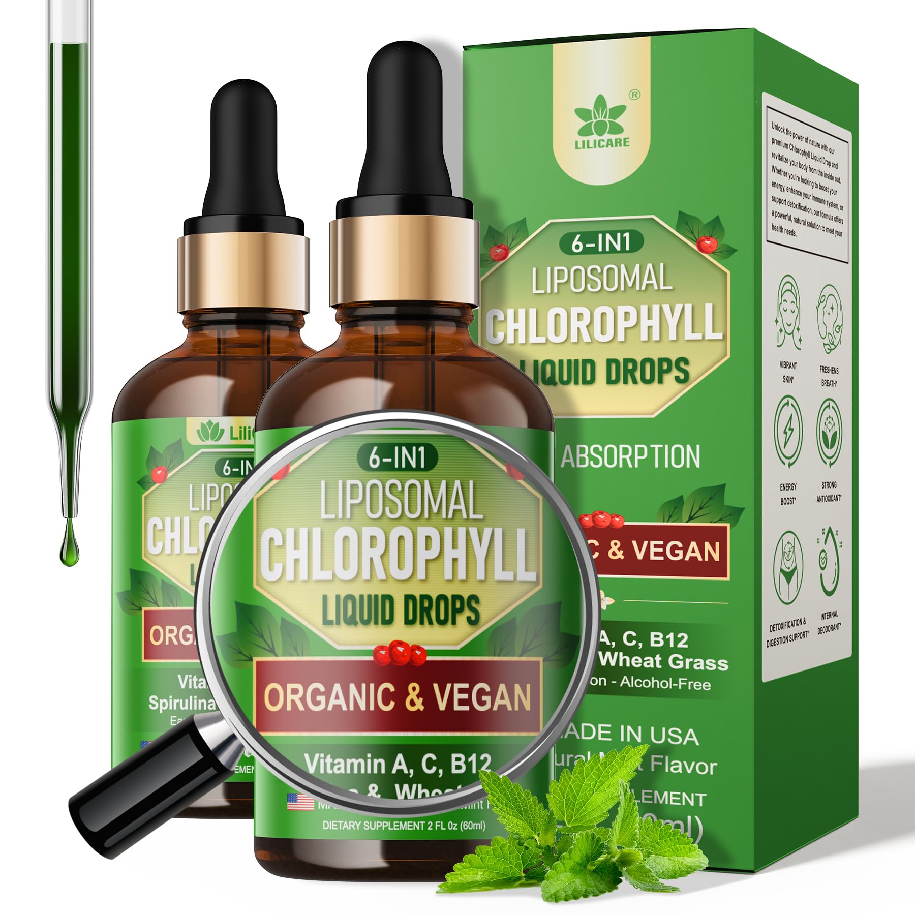 Front view of Organic Chlorophyll Liquid Drops Liposomal bottle