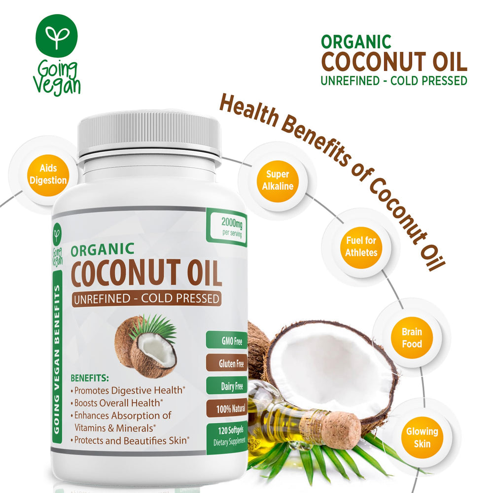 Standing bottle of Organic Coconut Oil Capsules - 120 softgels