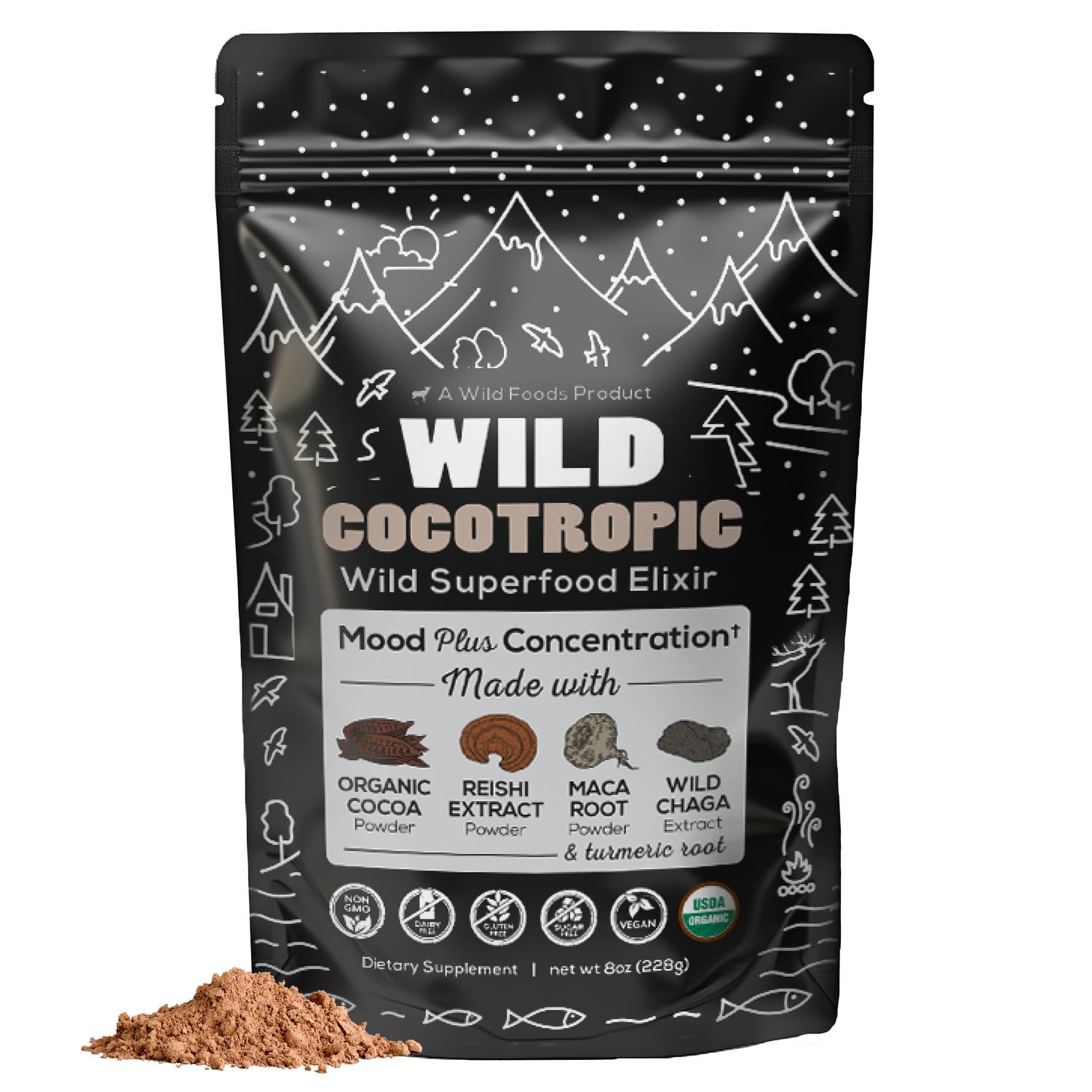 Front view of Organic Cocotropic Mushroom Hot Chocolate Mix 8 oz packaging