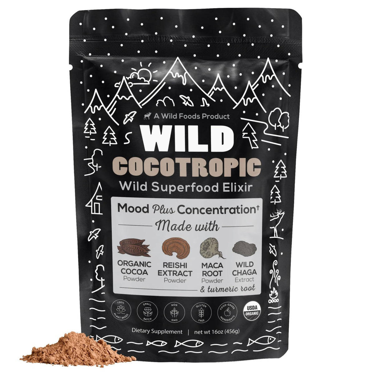 Organic cocotropic mushroom hot cocoa powder in a jar