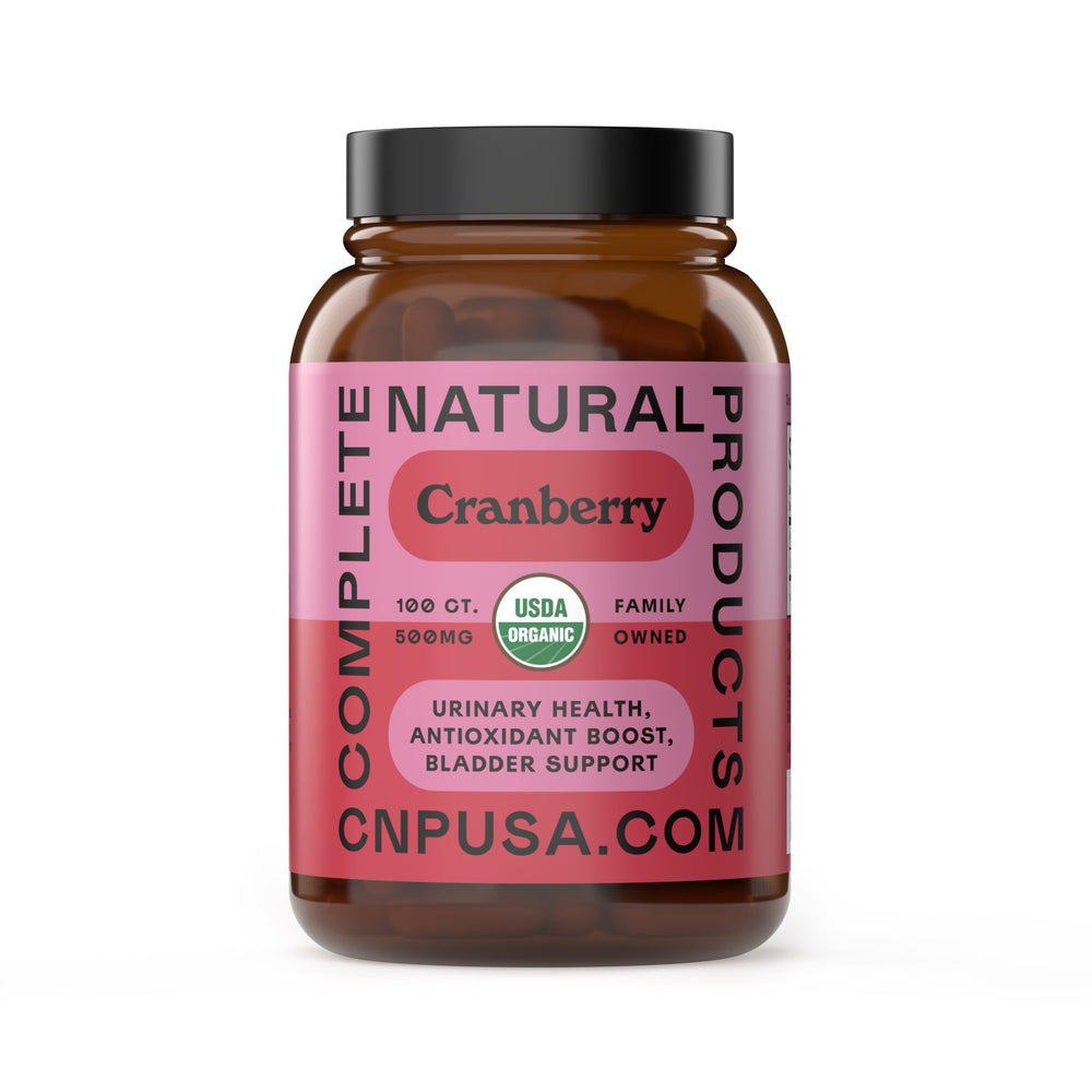 Bottle of Organic Cranberry Capsules 500mg on white background